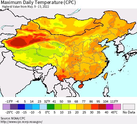 China, Mongolia and Taiwan Maximum Daily Temperature (CPC) Thematic Map For 5/9/2022 - 5/15/2022