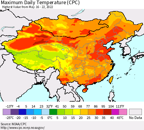 China, Mongolia and Taiwan Maximum Daily Temperature (CPC) Thematic Map For 5/16/2022 - 5/22/2022