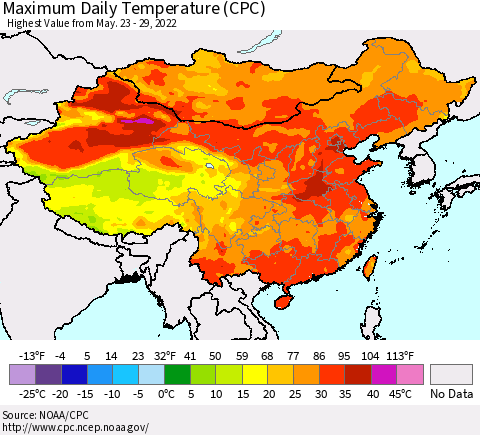 China, Mongolia and Taiwan Maximum Daily Temperature (CPC) Thematic Map For 5/23/2022 - 5/29/2022