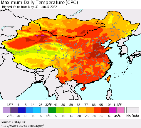 China, Mongolia and Taiwan Maximum Daily Temperature (CPC) Thematic Map For 5/30/2022 - 6/5/2022