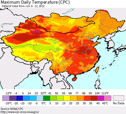 China, Mongolia and Taiwan Maximum Daily Temperature (CPC) Thematic Map For 6/6/2022 - 6/12/2022