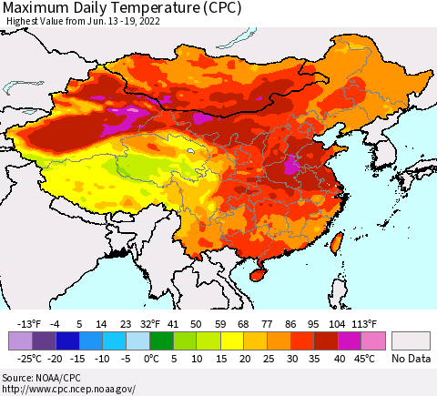 China, Mongolia and Taiwan Maximum Daily Temperature (CPC) Thematic Map For 6/13/2022 - 6/19/2022