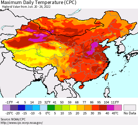 China, Mongolia and Taiwan Maximum Daily Temperature (CPC) Thematic Map For 6/20/2022 - 6/26/2022