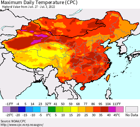 China, Mongolia and Taiwan Maximum Daily Temperature (CPC) Thematic Map For 6/27/2022 - 7/3/2022