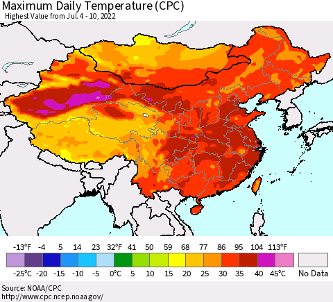 China, Mongolia and Taiwan Maximum Daily Temperature (CPC) Thematic Map For 7/4/2022 - 7/10/2022