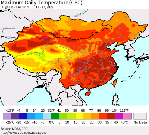 China, Mongolia and Taiwan Maximum Daily Temperature (CPC) Thematic Map For 7/11/2022 - 7/17/2022