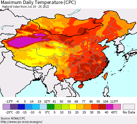 China, Mongolia and Taiwan Maximum Daily Temperature (CPC) Thematic Map For 7/18/2022 - 7/24/2022