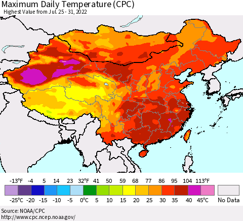 China, Mongolia and Taiwan Maximum Daily Temperature (CPC) Thematic Map For 7/25/2022 - 7/31/2022