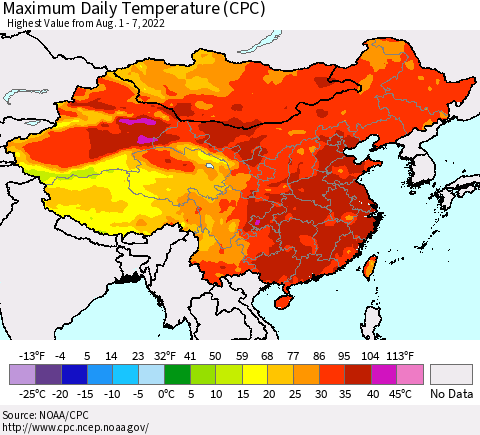 China, Mongolia and Taiwan Maximum Daily Temperature (CPC) Thematic Map For 8/1/2022 - 8/7/2022