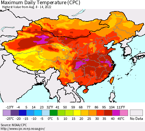 China, Mongolia and Taiwan Maximum Daily Temperature (CPC) Thematic Map For 8/8/2022 - 8/14/2022