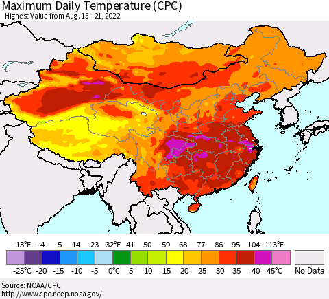 China, Mongolia and Taiwan Maximum Daily Temperature (CPC) Thematic Map For 8/15/2022 - 8/21/2022