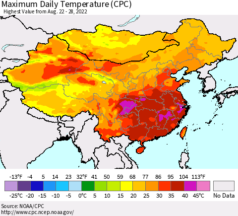 China, Mongolia and Taiwan Maximum Daily Temperature (CPC) Thematic Map For 8/22/2022 - 8/28/2022