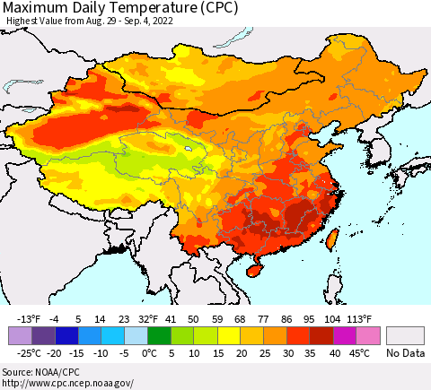 China, Mongolia and Taiwan Maximum Daily Temperature (CPC) Thematic Map For 8/29/2022 - 9/4/2022