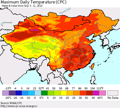 China, Mongolia and Taiwan Maximum Daily Temperature (CPC) Thematic Map For 9/5/2022 - 9/11/2022