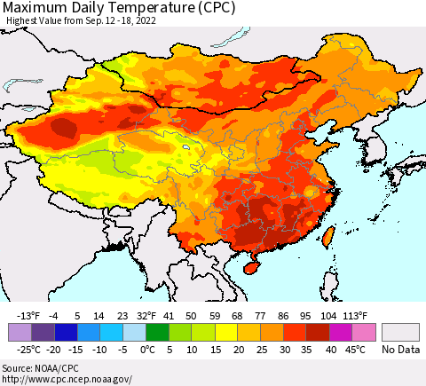 China, Mongolia and Taiwan Maximum Daily Temperature (CPC) Thematic Map For 9/12/2022 - 9/18/2022