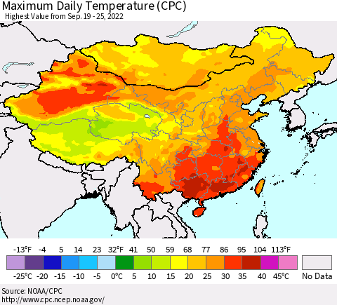 China, Mongolia and Taiwan Maximum Daily Temperature (CPC) Thematic Map For 9/19/2022 - 9/25/2022