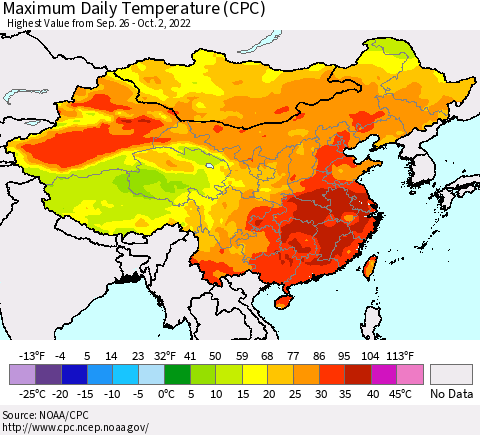 China, Mongolia and Taiwan Maximum Daily Temperature (CPC) Thematic Map For 9/26/2022 - 10/2/2022