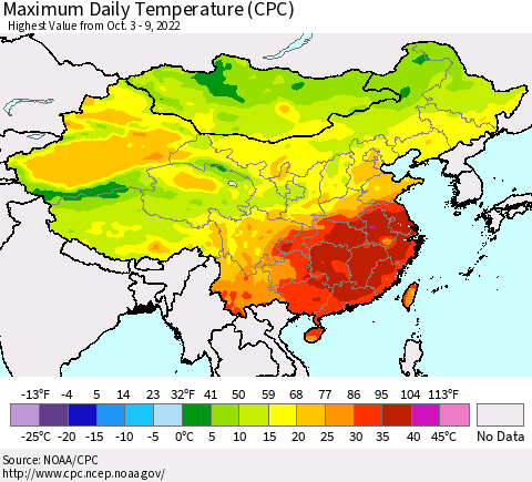 China, Mongolia and Taiwan Maximum Daily Temperature (CPC) Thematic Map For 10/3/2022 - 10/9/2022