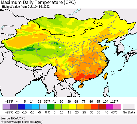 China, Mongolia and Taiwan Maximum Daily Temperature (CPC) Thematic Map For 10/10/2022 - 10/16/2022