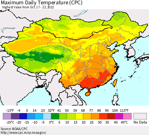 China, Mongolia and Taiwan Maximum Daily Temperature (CPC) Thematic Map For 10/17/2022 - 10/23/2022