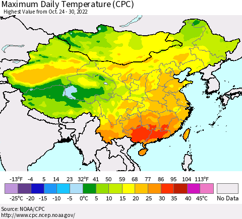 China, Mongolia and Taiwan Maximum Daily Temperature (CPC) Thematic Map For 10/24/2022 - 10/30/2022