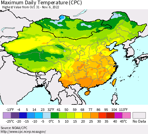 China, Mongolia and Taiwan Maximum Daily Temperature (CPC) Thematic Map For 10/31/2022 - 11/6/2022