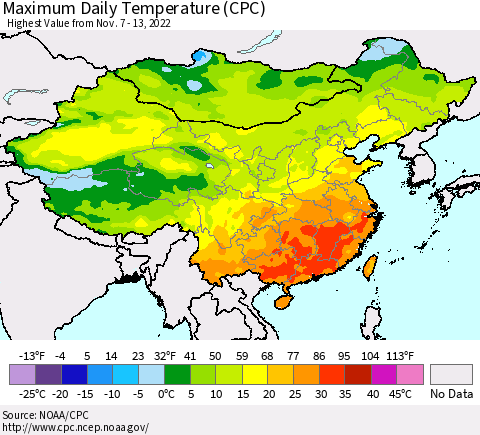 China, Mongolia and Taiwan Maximum Daily Temperature (CPC) Thematic Map For 11/7/2022 - 11/13/2022