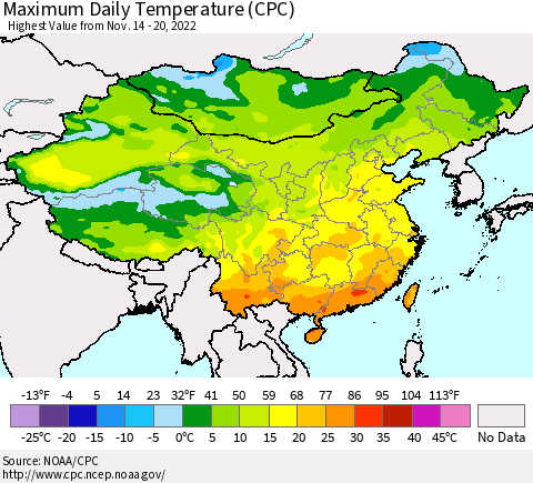 China, Mongolia and Taiwan Maximum Daily Temperature (CPC) Thematic Map For 11/14/2022 - 11/20/2022