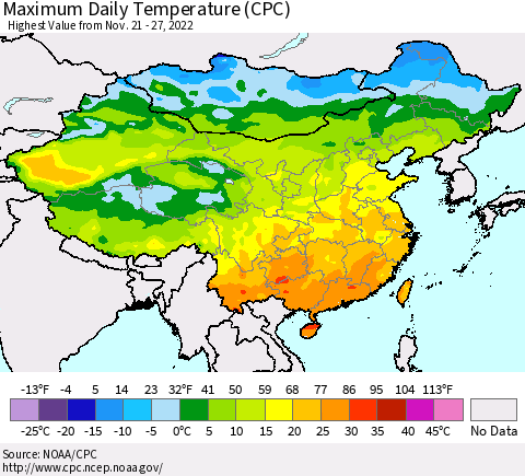 China, Mongolia and Taiwan Maximum Daily Temperature (CPC) Thematic Map For 11/21/2022 - 11/27/2022
