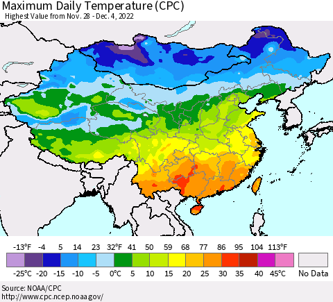 China, Mongolia and Taiwan Maximum Daily Temperature (CPC) Thematic Map For 11/28/2022 - 12/4/2022
