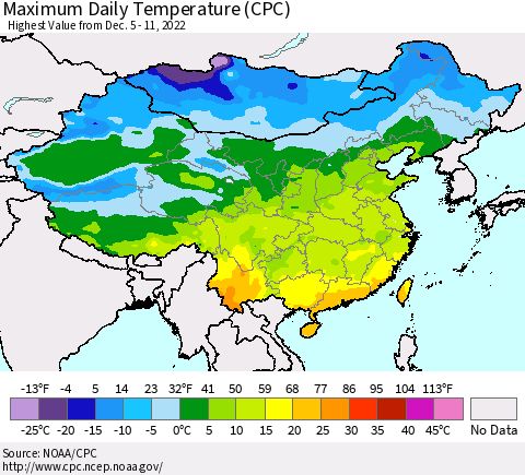 China, Mongolia and Taiwan Maximum Daily Temperature (CPC) Thematic Map For 12/5/2022 - 12/11/2022