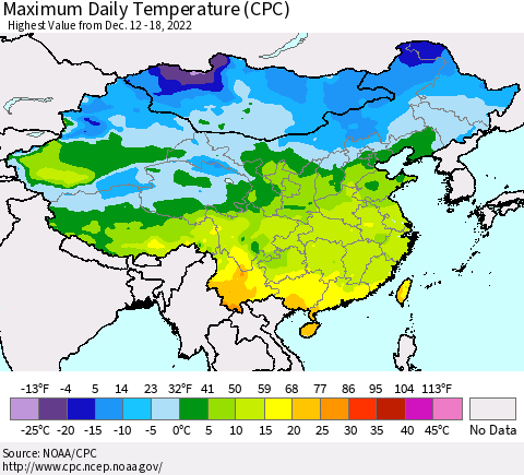 China, Mongolia and Taiwan Maximum Daily Temperature (CPC) Thematic Map For 12/12/2022 - 12/18/2022