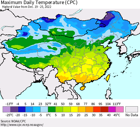 China, Mongolia and Taiwan Maximum Daily Temperature (CPC) Thematic Map For 12/19/2022 - 12/25/2022