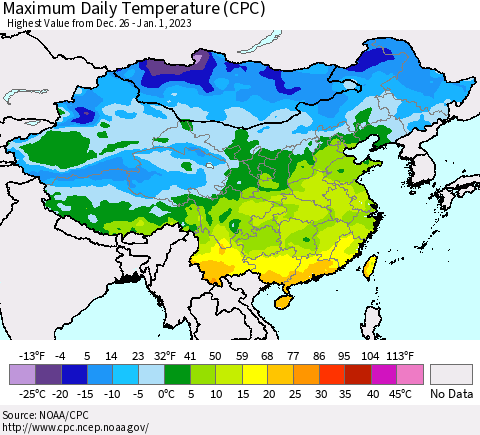 China, Mongolia and Taiwan Maximum Daily Temperature (CPC) Thematic Map For 12/26/2022 - 1/1/2023
