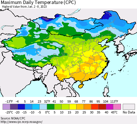China, Mongolia and Taiwan Maximum Daily Temperature (CPC) Thematic Map For 1/2/2023 - 1/8/2023