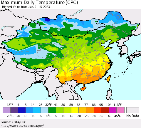 China, Mongolia and Taiwan Maximum Daily Temperature (CPC) Thematic Map For 1/9/2023 - 1/15/2023