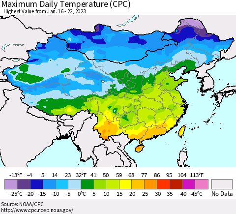 China, Mongolia and Taiwan Maximum Daily Temperature (CPC) Thematic Map For 1/16/2023 - 1/22/2023
