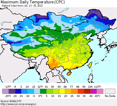 China, Mongolia and Taiwan Maximum Daily Temperature (CPC) Thematic Map For 1/23/2023 - 1/29/2023
