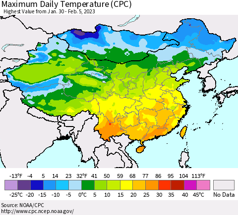 China, Mongolia and Taiwan Maximum Daily Temperature (CPC) Thematic Map For 1/30/2023 - 2/5/2023