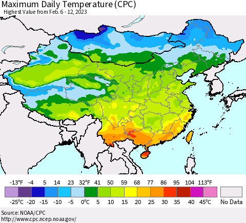 China, Mongolia and Taiwan Maximum Daily Temperature (CPC) Thematic Map For 2/6/2023 - 2/12/2023