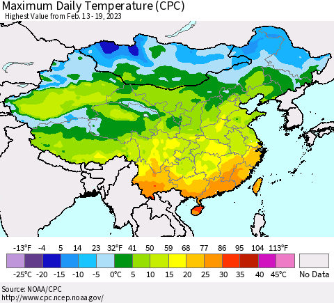 China, Mongolia and Taiwan Maximum Daily Temperature (CPC) Thematic Map For 2/13/2023 - 2/19/2023
