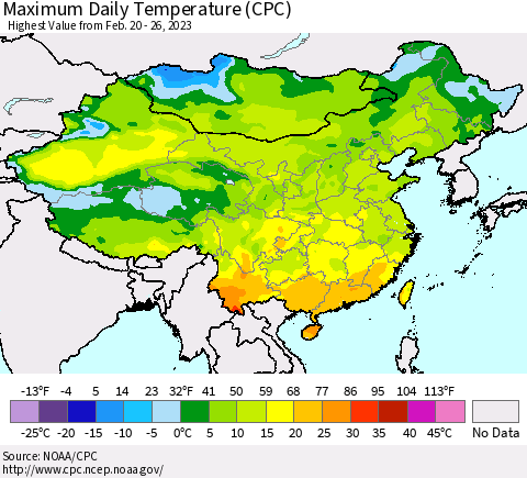 China, Mongolia and Taiwan Maximum Daily Temperature (CPC) Thematic Map For 2/20/2023 - 2/26/2023