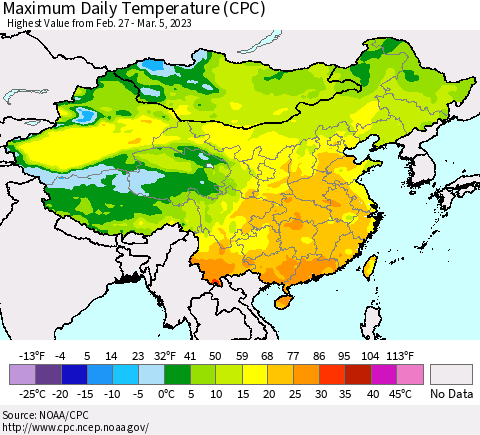 China, Mongolia and Taiwan Maximum Daily Temperature (CPC) Thematic Map For 2/27/2023 - 3/5/2023