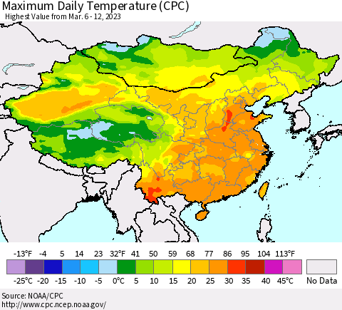 China, Mongolia and Taiwan Maximum Daily Temperature (CPC) Thematic Map For 3/6/2023 - 3/12/2023