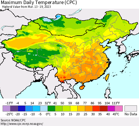 China, Mongolia and Taiwan Maximum Daily Temperature (CPC) Thematic Map For 3/13/2023 - 3/19/2023