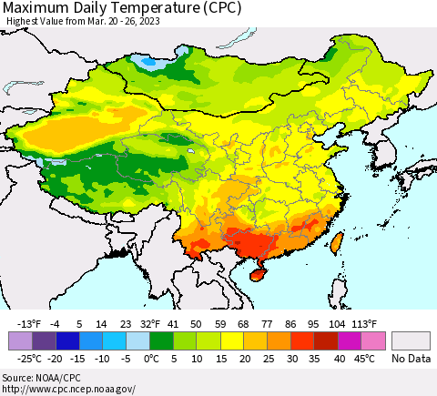 China, Mongolia and Taiwan Maximum Daily Temperature (CPC) Thematic Map For 3/20/2023 - 3/26/2023