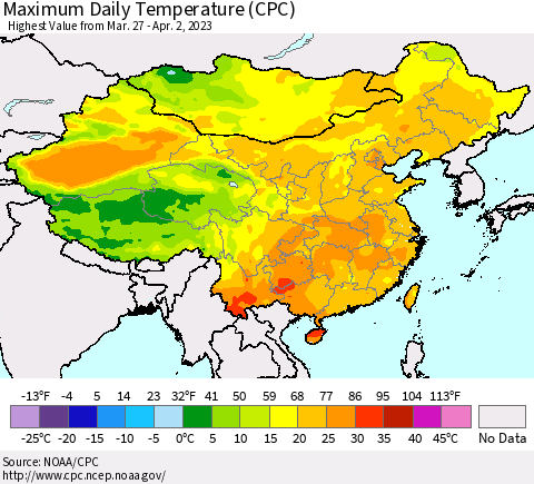 China, Mongolia and Taiwan Maximum Daily Temperature (CPC) Thematic Map For 3/27/2023 - 4/2/2023