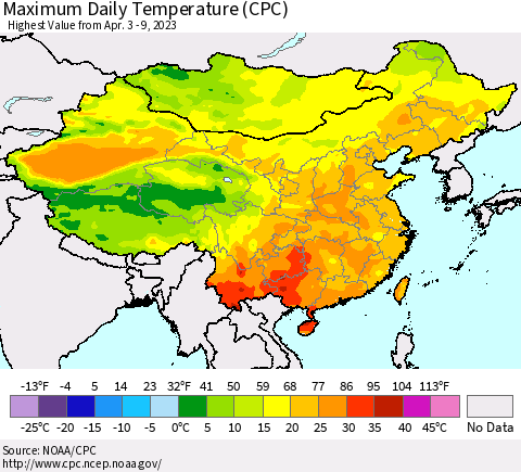China, Mongolia and Taiwan Maximum Daily Temperature (CPC) Thematic Map For 4/3/2023 - 4/9/2023