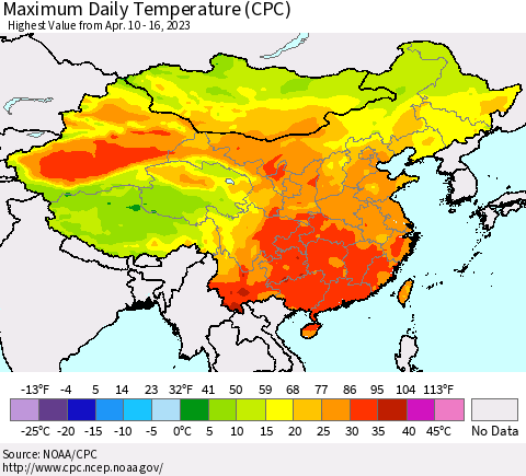 China, Mongolia and Taiwan Maximum Daily Temperature (CPC) Thematic Map For 4/10/2023 - 4/16/2023