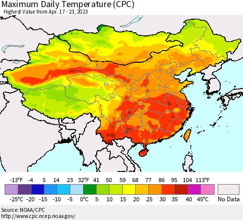 China, Mongolia and Taiwan Maximum Daily Temperature (CPC) Thematic Map For 4/17/2023 - 4/23/2023